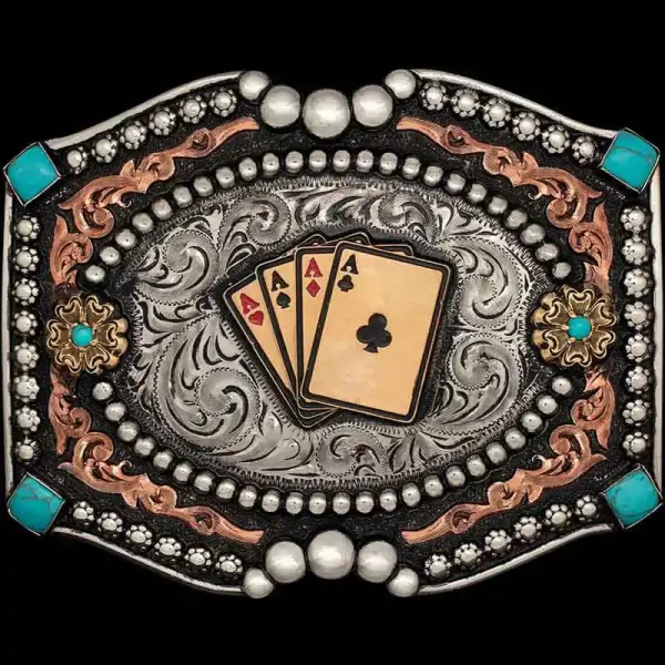 A women's western belt buckle featuring  four aces cards figure 