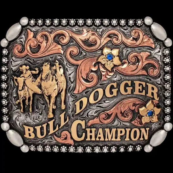 A custom bull dogging rodeo belt buckle trophy for men
