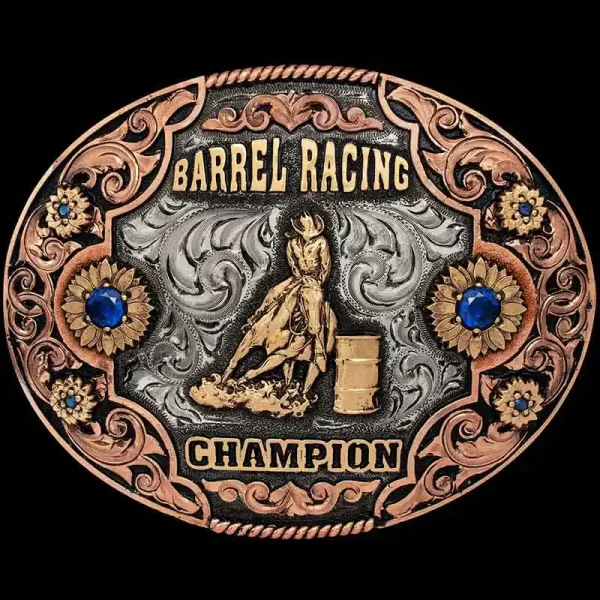 An oval women's barrel racing belt buckle trophy featuring a barrel racer cowgirl figure 