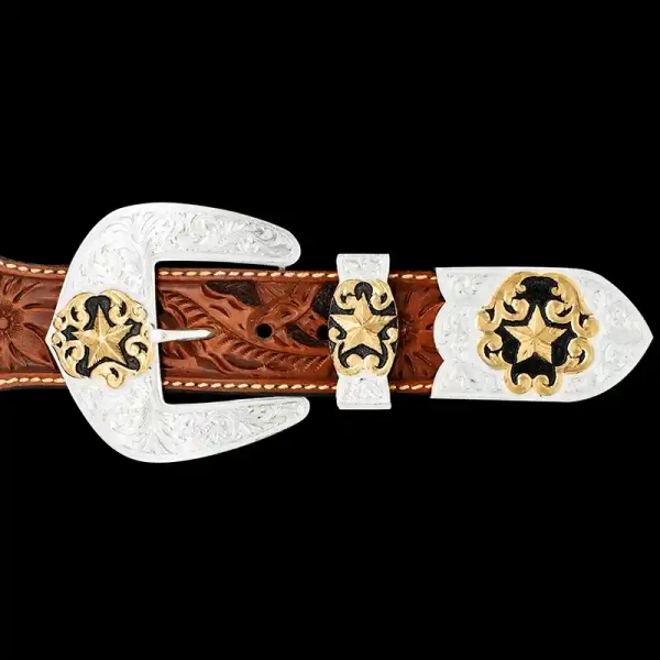 A custom western three piece belt buckle set featuring three golden star figures 