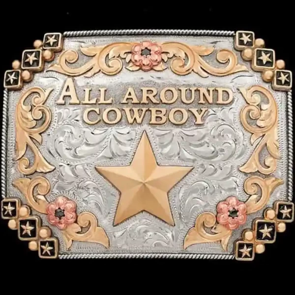 A custom western belt buckle for men featuring a golden star figure