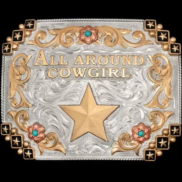 A custom western belt buckle for women featuring a golden star figure