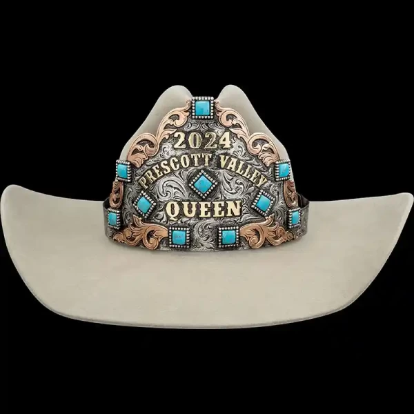 A custom queen crown with personalized bronze lettering and turquoise stones on the tiara, with a strap for cowgirl hats