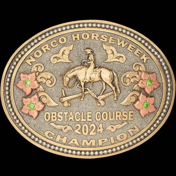 A custom oval trail riding belt buckle trophy for Norco Horseweek Obstacle Course Champion featuring a cowgirl figure 