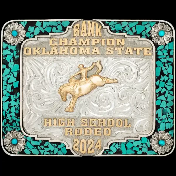 A custom square rodeo belt buckle trophy for Oklahoma High School Rodeo Champion featuring a bareback bronc rider figure and a crushed turquoise frame