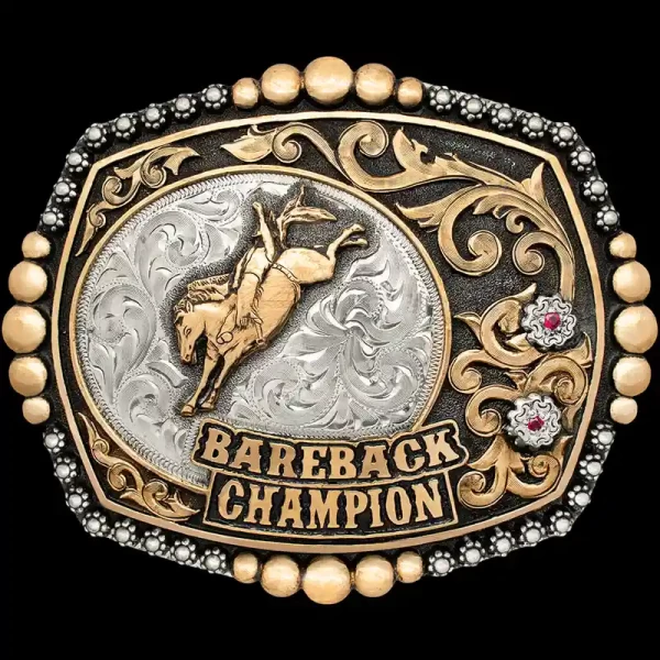 A bronc rider belt buckle trophy featuring a bareback rider figure