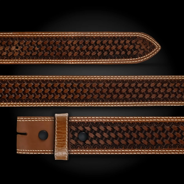 A brown full grain leather belt for men  featuring tooled basket weave pattern 