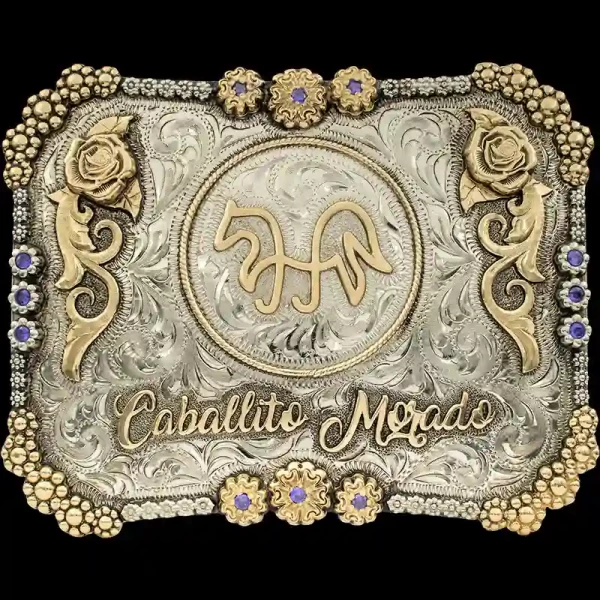 A custom women's belt buckle with the personalized logo of Caballito Morado