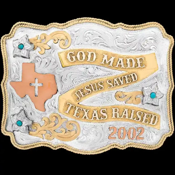 A custom silver plated women's belt buckle featuring a Texas State figure 