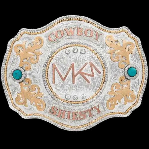 A custom silver western belt buckle featuring a custom ranch brand 