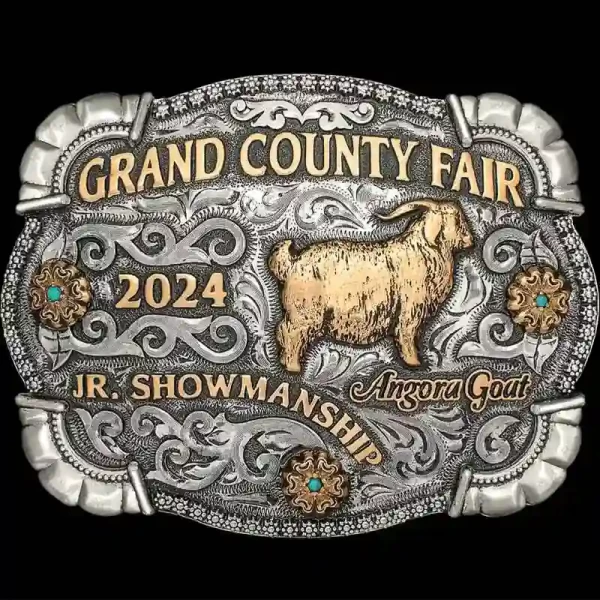 A custom farming belt buckle trophy for Grand County Fair Junior Showmanship featuring an angora goat figure