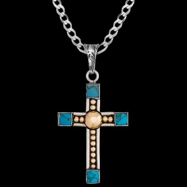 A custom silver cross pendant necklace for men and women, western-inspired design. featuring golden beads and turquoise stones