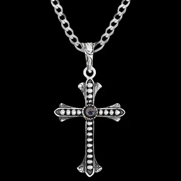 A custom silver cross pendant necklace for men and women, western-inspired design. featuring silver beads and zirconia stone
