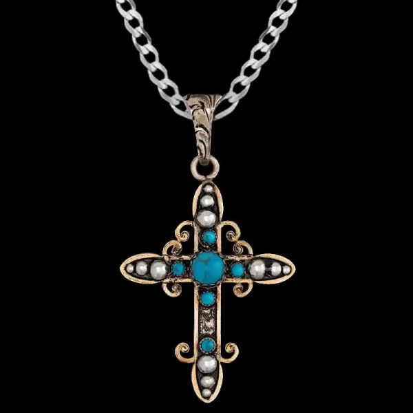 A custom bronze cross pendant necklace for men and women, western-inspired design. featuring turquoise stones and silver beads