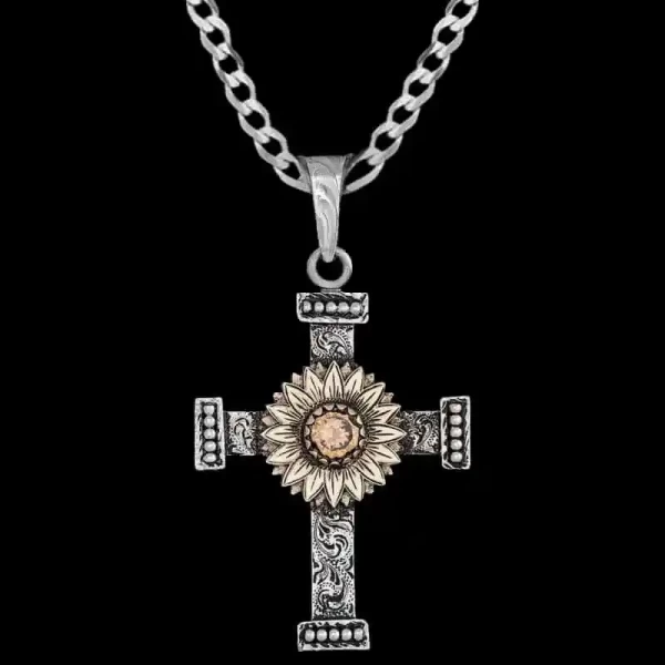 A custom silver cross pendant necklace for men and women, western-inspired design. featuring a sunflower figure 