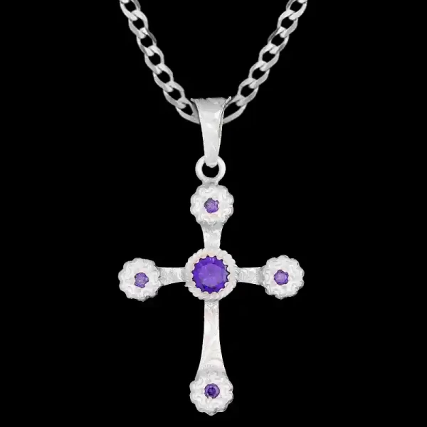 A custom silver cross pendant necklace for men and women, western-inspired design. featuring purple zirconia stones