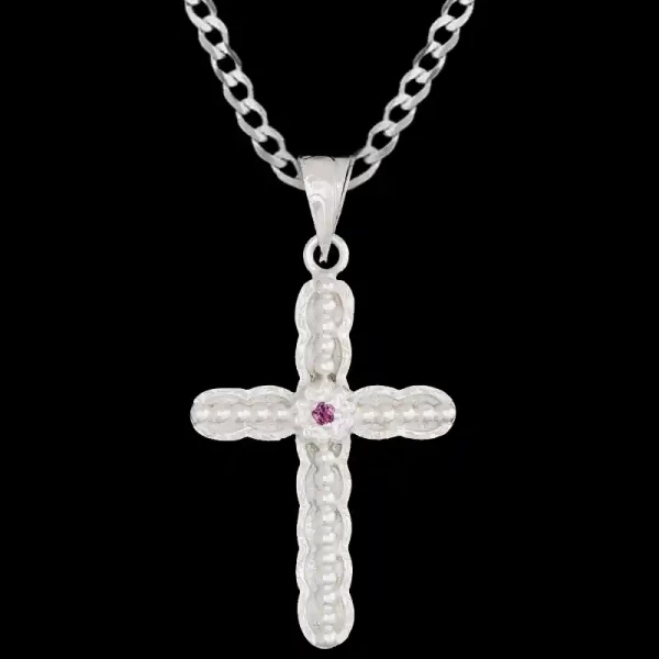 A custom silver plated cross pendant necklace for men and women, western-inspired design. featuring silver beads and pink zirconia stone