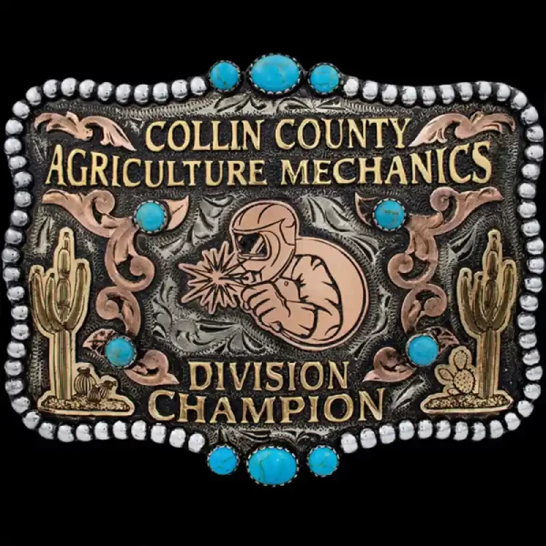 A custom western belt buckle trophy for Collin County Agricultural Mechanics Champion featuring a welder figure 