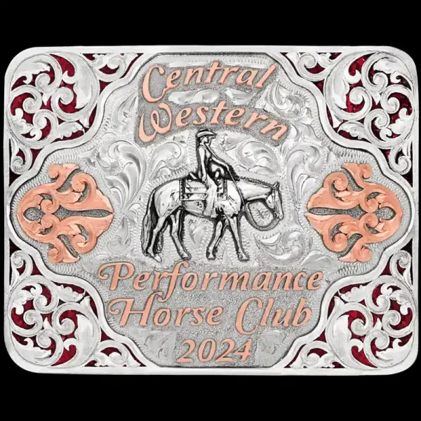 A custom square western pleasure belt buckle for Central Western Performance Horse Club featuring a cowgirl figure and crushed turquoise frame