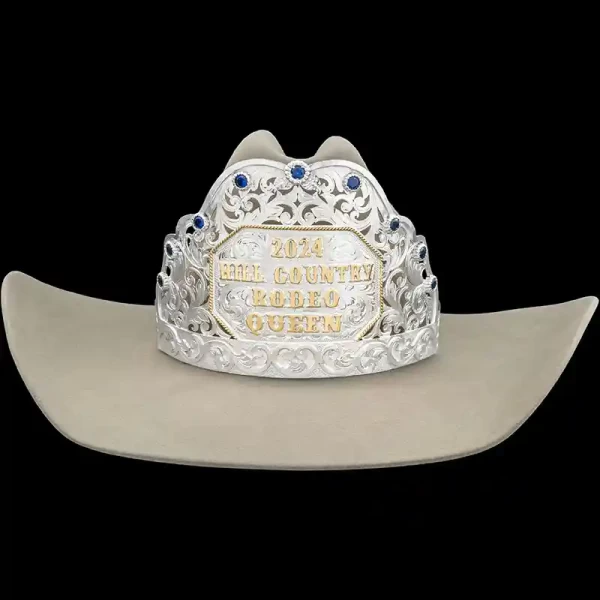 A custom queen crown with personalized bronze lettering, silver plated finish and blue zirconias on the tiara, with a strap for cowgirl hats