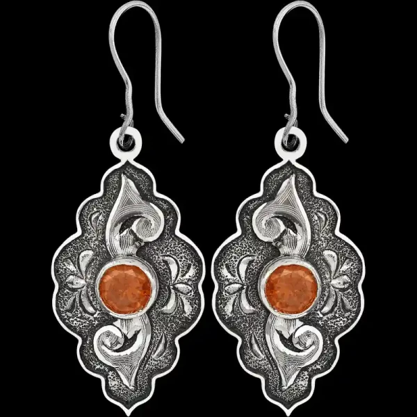 A pair of silver western earrings for women, cloud shaped, antique finish, with orange zirconia stones 