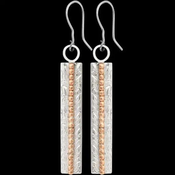 A pair of silver plated western earrings for women, rectangular shaped, featuring bronze golden beads