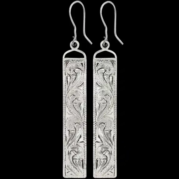 A pair of silver western earrings for women, rectangular shaped and hand engraved