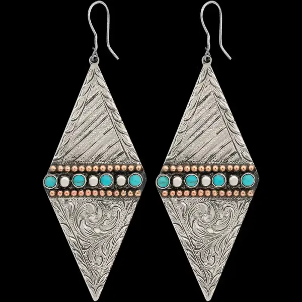 A pair of silver western earrings for women, hand engraved, diamond shaped, with turquoise and bronze beads