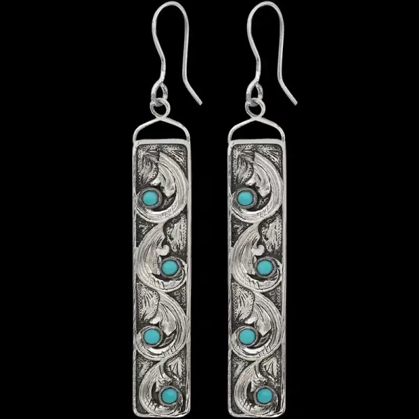 A pair of silver western earrings for women, rectangular shaped, antique finish, with turquoise stones and silver scrollwork