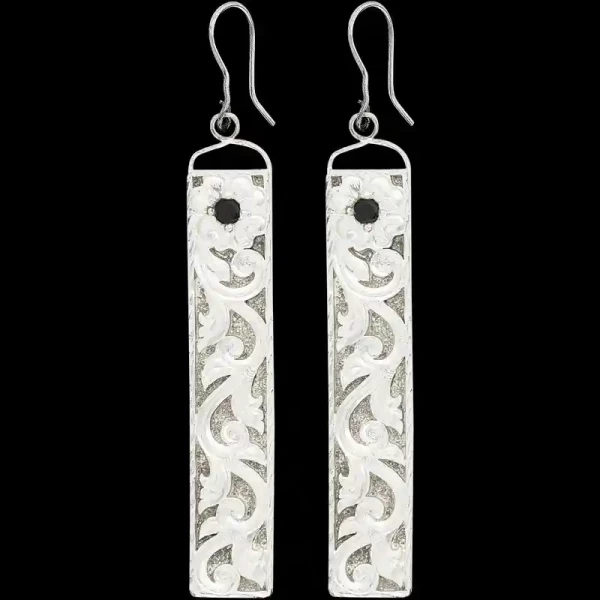A pair of silver western earrings for women, rectangular shaped, with silver plated scrolls and flowers 