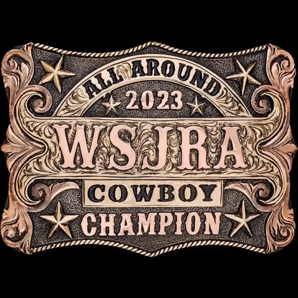 A custom western cowboy belt buckle trophy for WSJRA All Around Champion 