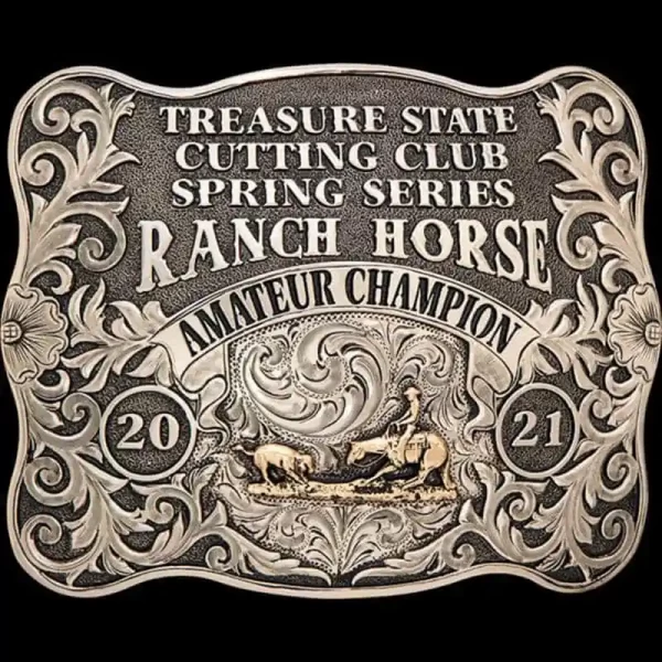 A custom men's rodeo belt buckle trophy for Treasure State Cutting Club Spring Series Ranch Horse Champion featuring a cutting cowboy figure 