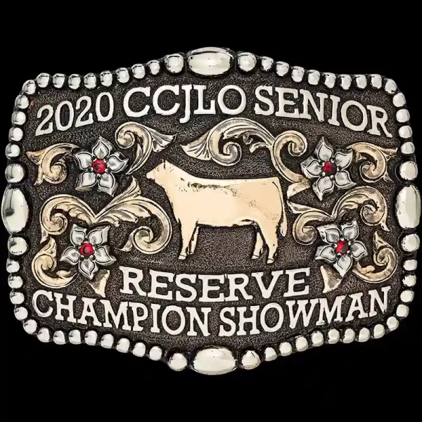 A custom showman belt buckle trophy for CCJLO Senior Reserve Champion featuring a cow figure 