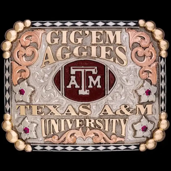 A custom square graduation belt buckle for Texas A&amp;M University graduate featuring a football custom logo 