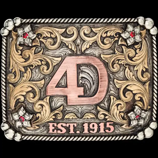 A custom square ranch brand belt buckle featuring a personalized copper logo figure