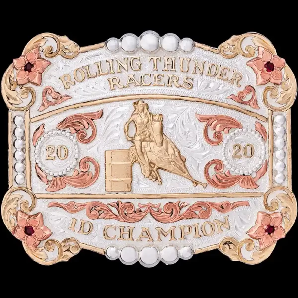 A custom belt buckle for women award for Rolling Thunder Racers 1D Champion featuring a barrel racing cowgirl figure