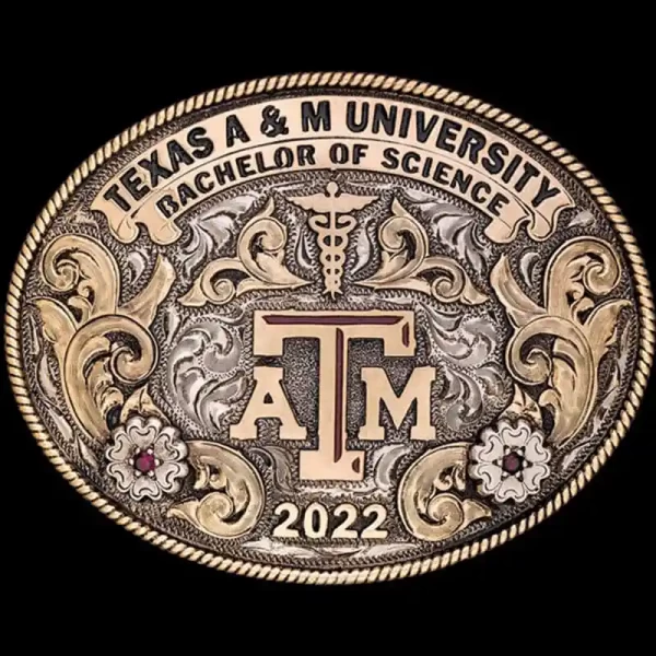 A custom graduation belt buckle for Texas A&amp;M University  Bachelor of Science graduate featuring the ATM University logo 