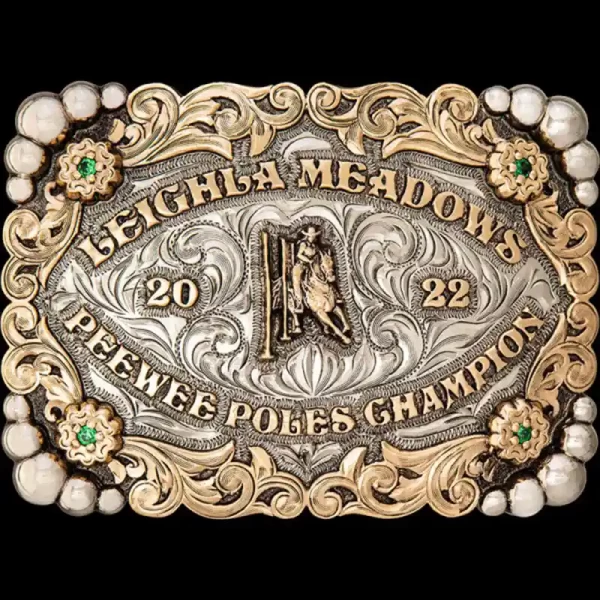 A custom square rodeo belt buckle trophy for Leichla Meadows Peewee Poles Champion featuring a pole bending figure 