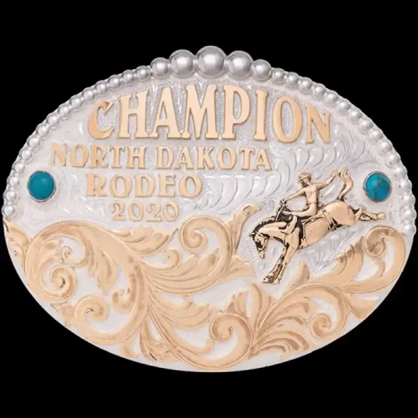 A custom oval silver plated rodeo belt buckle trophy for North Dakota Rodeo featuring a bareback cowboy figure 