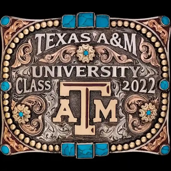 A custom square graduation belt buckle for Texas A&amp;M University graduate featuring ATM logo