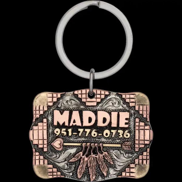 A custom dog tag with personalized engraved copper lettering, built on a square copper lettering, featuring arrow and feathers figures, western designed 