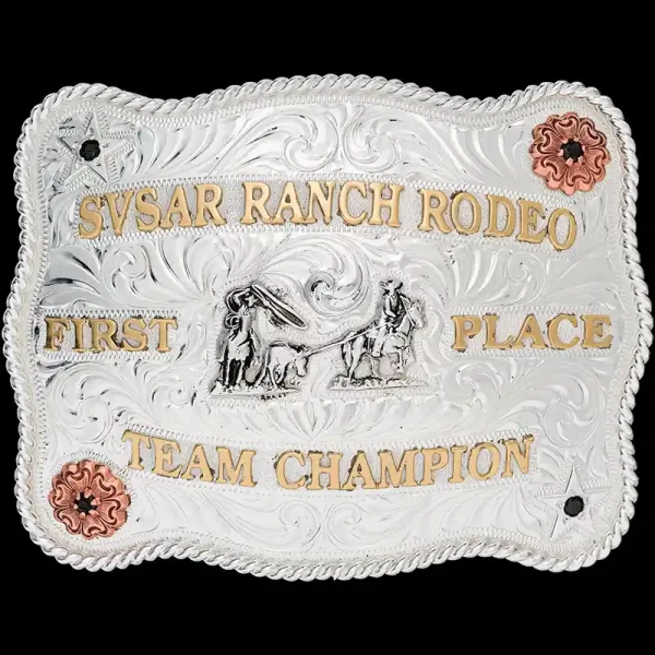 A custom silver plated rodeo belt buckle trophy for SVSAR Ramch Rodeo Champion featuring a team roping figure 