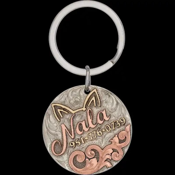 A custom cat tag with personalized engraved copper lettering built on a circle-shaped base, featuring cat ears figure, western designed 