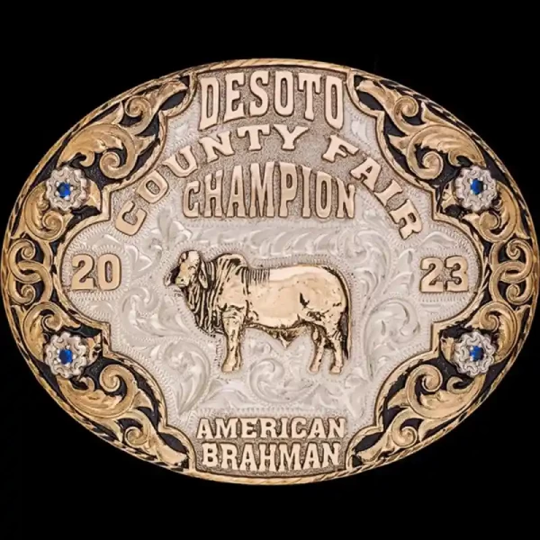 A custom oval farming belt buckle trophy} for Desoto County Fair Champion featuring an american brahman cow figure