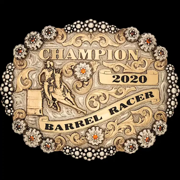 A custom oval rodeo belt buckle trophy for a Barrel Racing Champion featuring a barrel racer cowgirl figure