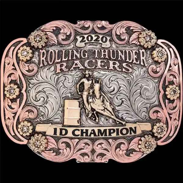 A custom barrel racing belt buckle trophy for Rolling Thunder Racers 1D Champion featuring a cowgirl figure 