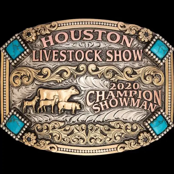 A custom trophy belt buckle for Houston LIvestock Show Champion featuring  cow, pig, lamb and goat figures, and turquoise stones