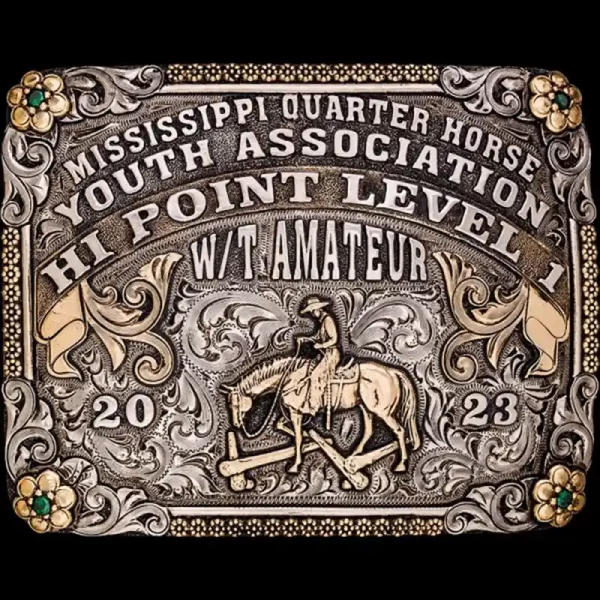 A custom square trail riding belt buckle trophy for Mississippi Quarter Horse Youth Association HI Point Amateur featuring a cowgirl figure