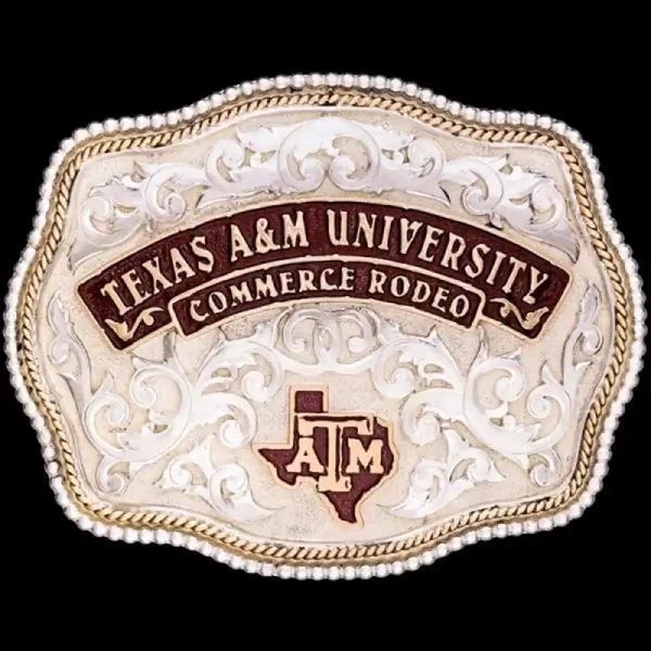 A custom graduation belt buckle for Texas A&amp;M University  Commerce Rodeo graduate featuring the ATM University logo 