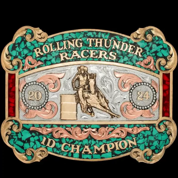 A custom rodeo belt buckle trophy for Rolling Thunder Racers 1D Champion featuring a barrel racer cowgirl figure